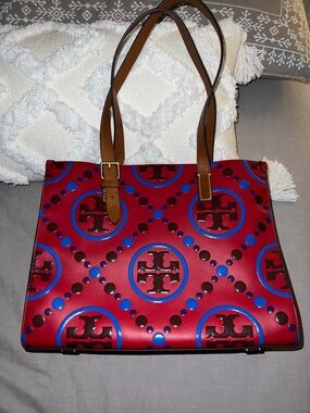 Tory Burch Red Logo Circle Print Tote with Brown Straps